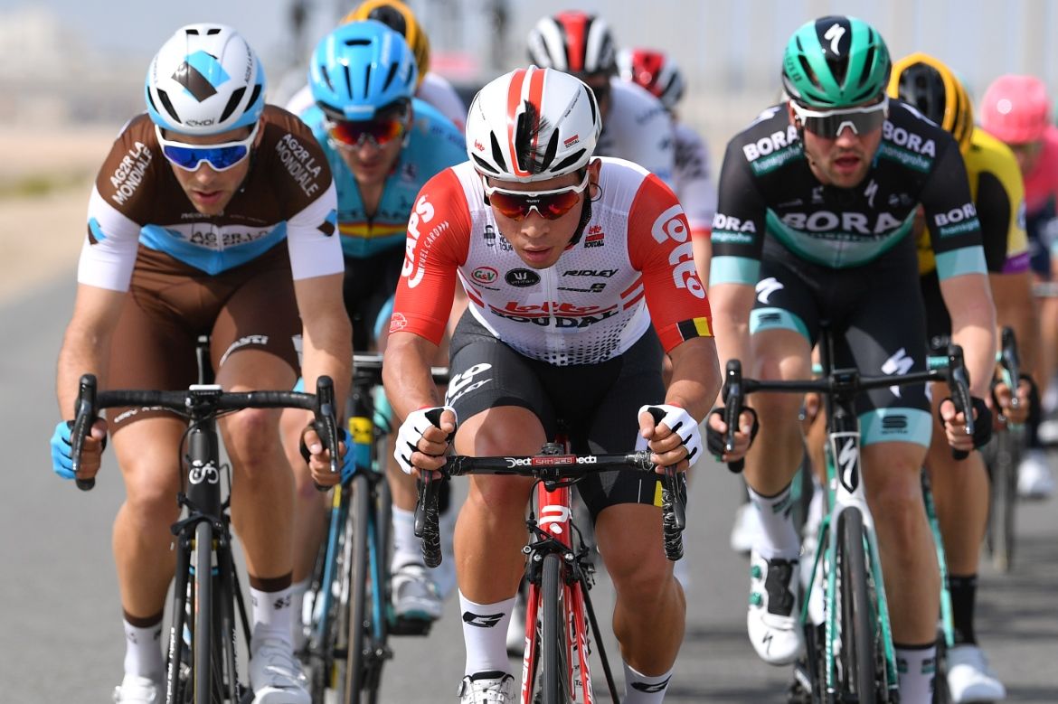 Caleb Ewan works in the lead group