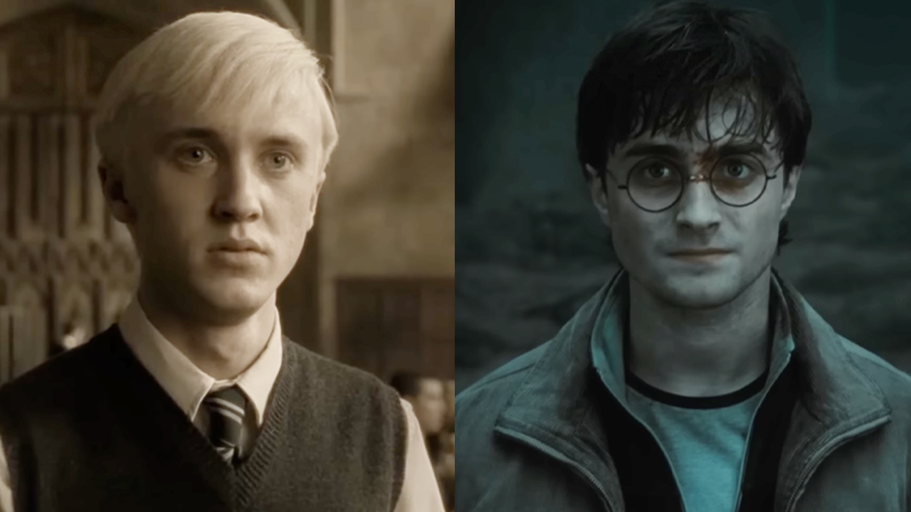 Tom Felton as Draco Malfoy, Daniel Radcliffe as Harry Potter in the Harry Potter series. 