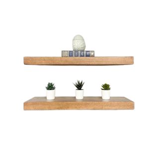 floating shelves, two, in an oak brown with small accessories