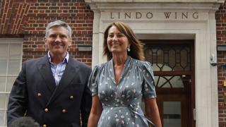 Carole Middleton and Michael Middleton leave The Lindo Wing after visiting The Duchess Of Cambridge and her newborn son at St Mary's Hospital on July 23, 2013 in London, England