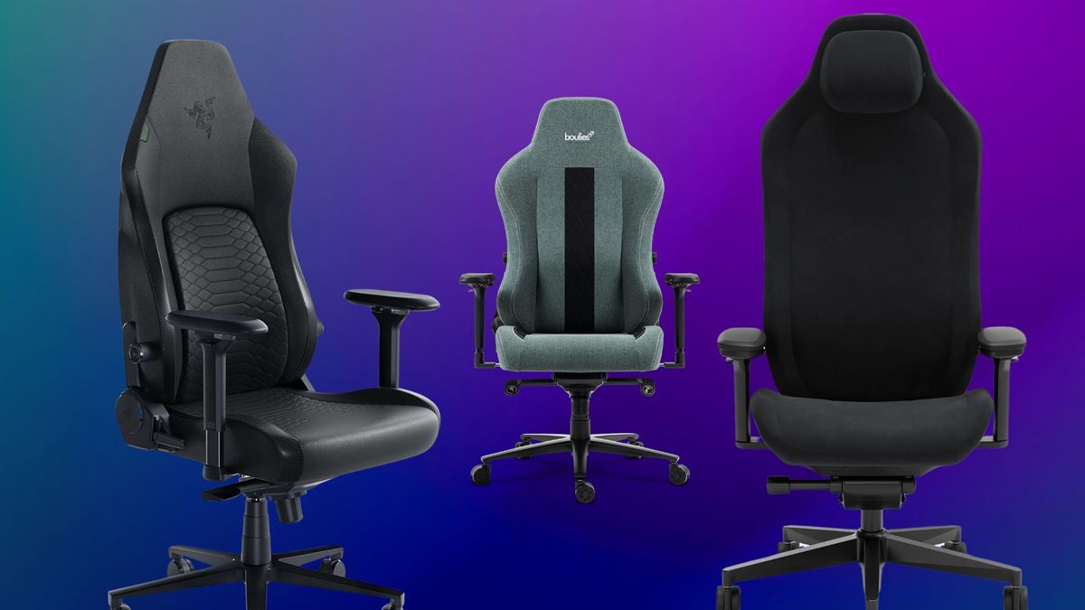 Three gaming chairs on a purple and blue color gradient 