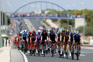 The Vuelta peloton rides steady behind the break
