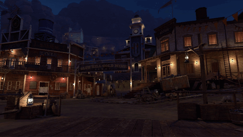The scene shifts between a pristine storybook world, a wild west saloon at night time, and a stunning mountain view