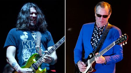 LEFT: Phil X of the band Bon Jovi performs onstage with Kings of Chaos at the Adopt the Arts annual rock gala at Avalon Hollywood on January 31, 2018 in Los Angeles, California. RIGHT: Joe Bonamassa performs in concert at Park City Arena on November 19, 2024 in Park City, Kansas. 