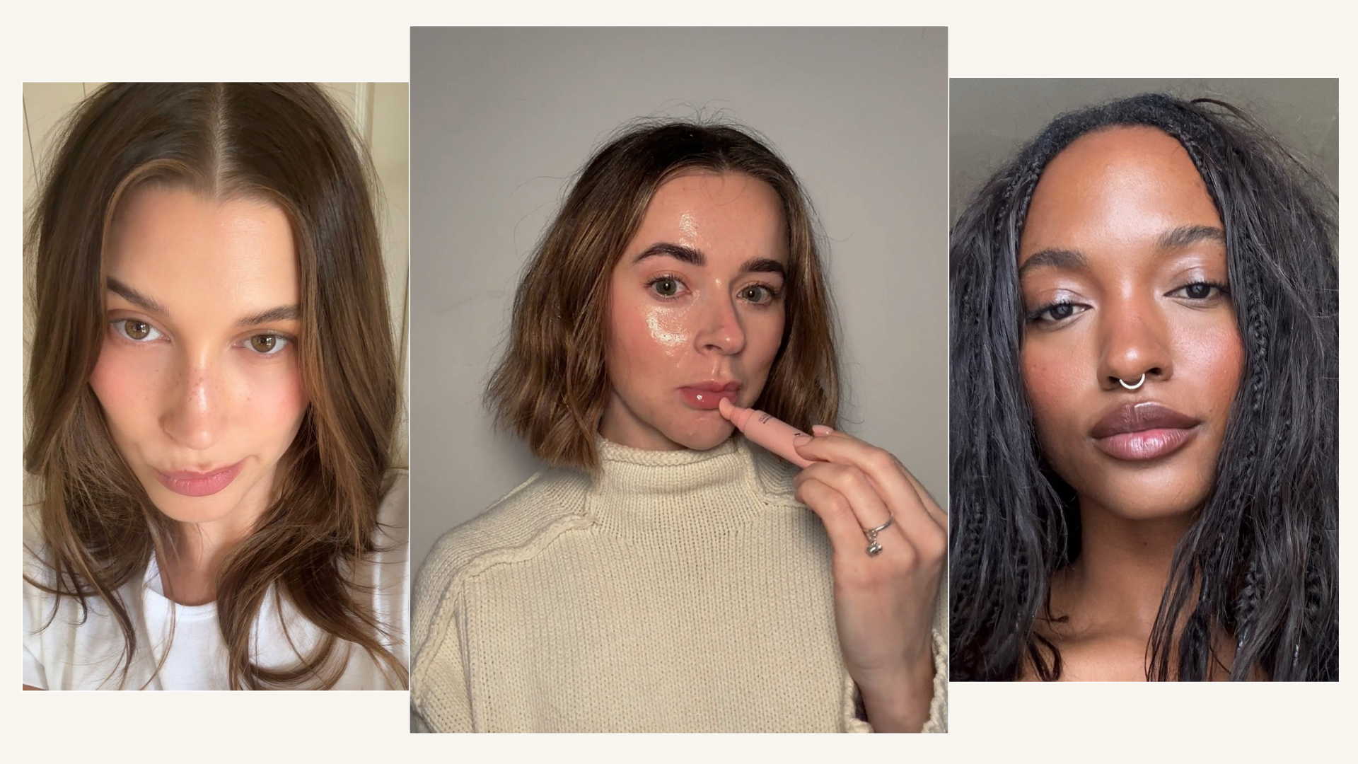 A collage of Hailey Bieber, beauty contributor Grace Day and Gabrielle Richardson with glowing skin