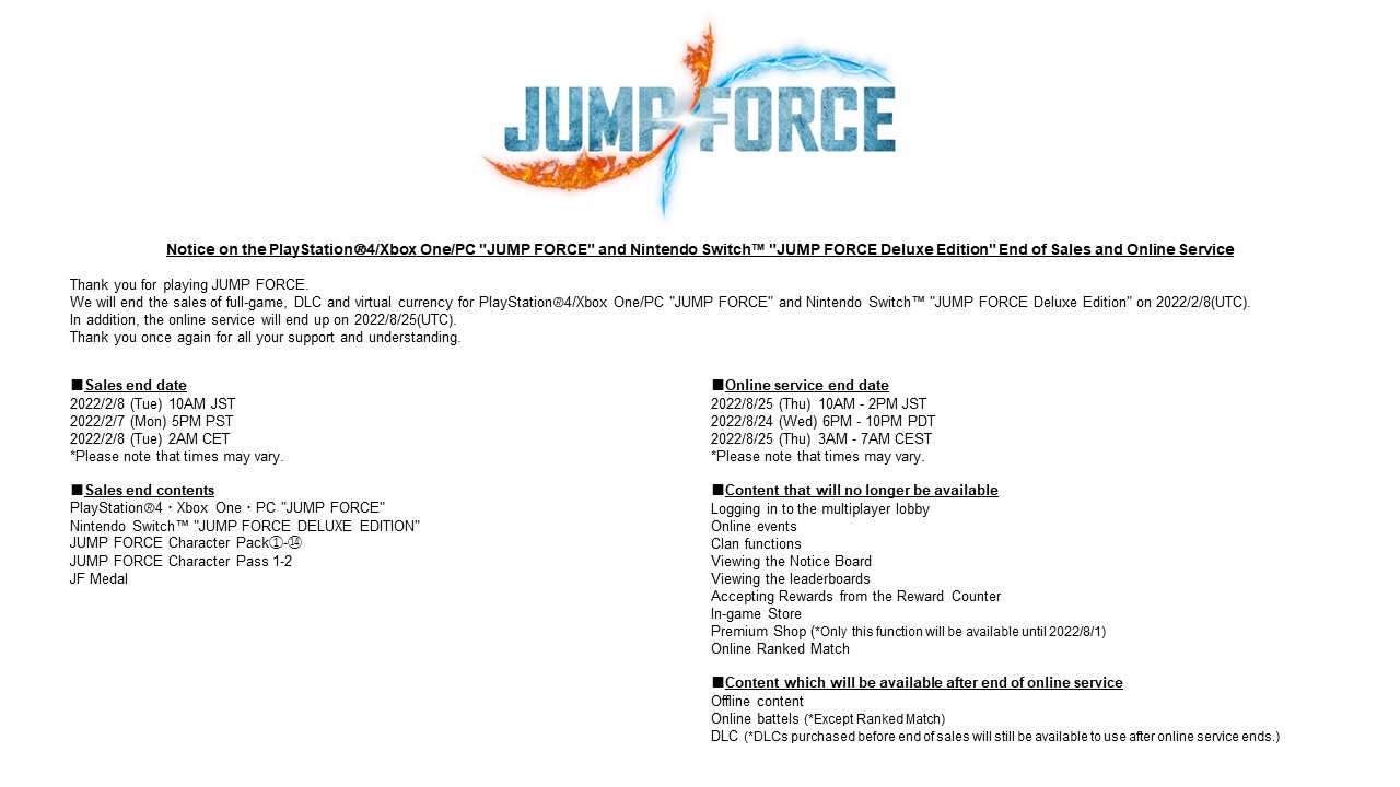 Jump Force, el juego de peleas de anime de Bandai Namco, desaparece hoy de Steam