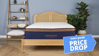 The Brooklyn Bedding CopperFlex Pro Hybrid Mattress on a bed frame in a bedroom, a TOm's GUide Price Drop deals graphic (right)