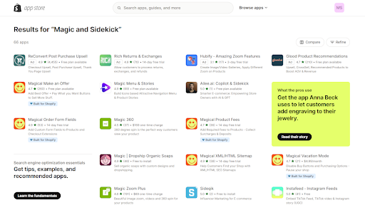 screenshot of Shopify app store