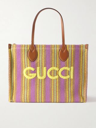 Medium Leather-Trimmed Embroidered Striped Raffia Tote