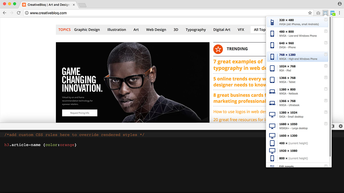 Set your browser window to a precise width and height [click the icon in the top-right to enlarge the image]