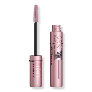 open MayLash Sensational Sky High Mascara beside its applicator on a gray background