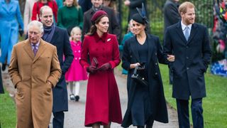 Prince Charles, Prince of Wales, Prince William, Duke of Cambridge, Catherine, Duchess of Cambridge, Meghan, Duchess of Sussex and Prince Harry, Duke of Sussex attend Christmas Day Church service