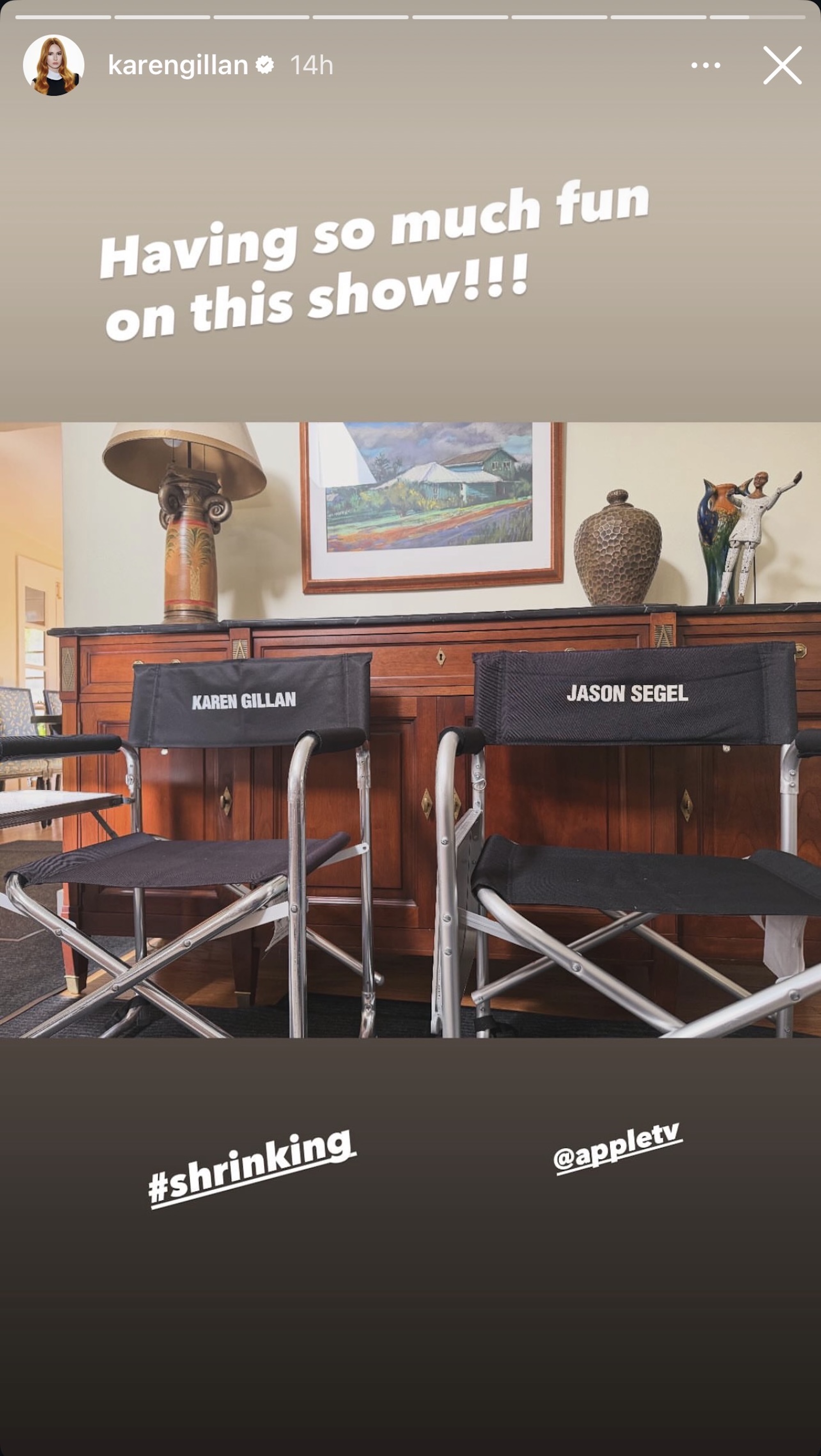 Karen Gillan posting a photo from the set of Shrinking on her Instagram Stories.