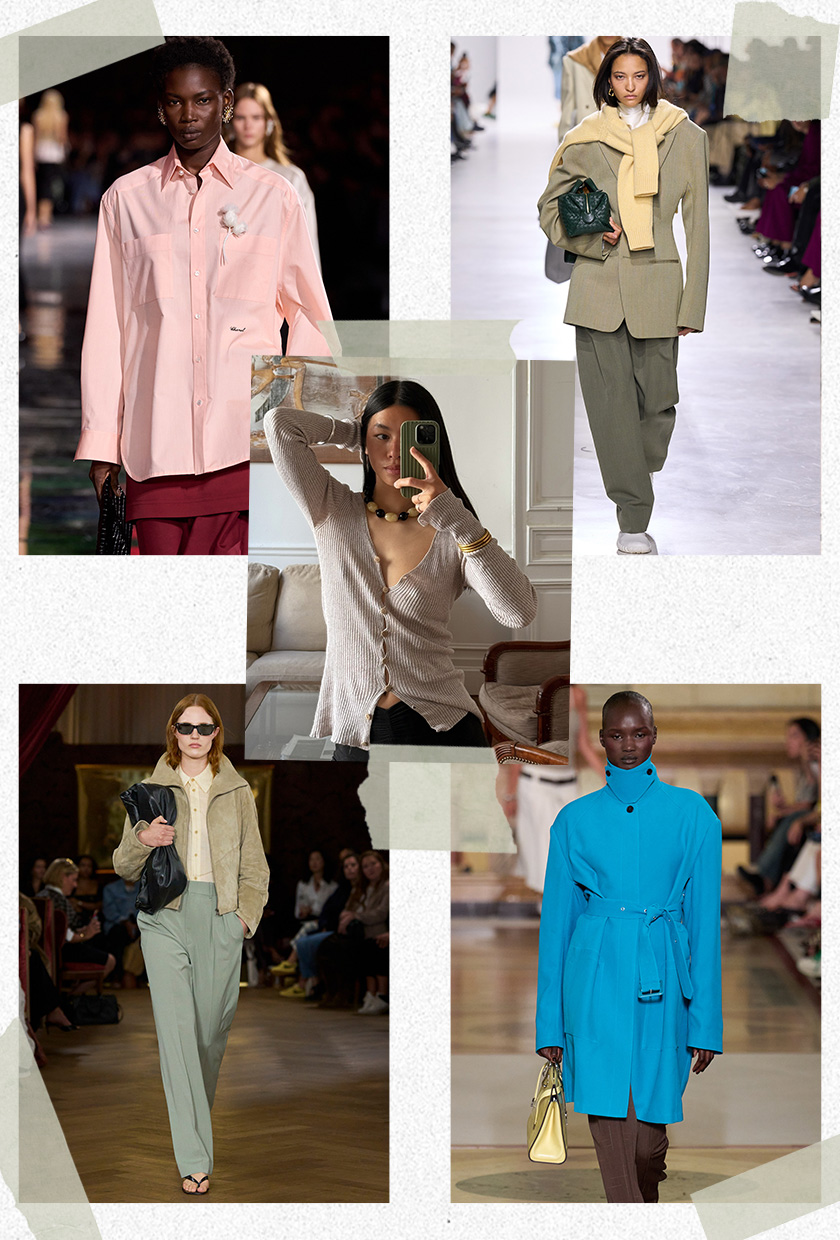 The best 2026 trends and outdated fashion trends, according to the French are shown in a collage of runway images. In the middle, there's a photo of Alizee Cailliau wearing a resin necklace and beige cardigan. It's surrounded by close-up photos from the runway showing the color-combo trend worn by models in the spring 2026 collections of Bottega Veneta, Chanel, Tory Burch and Kallmeyer