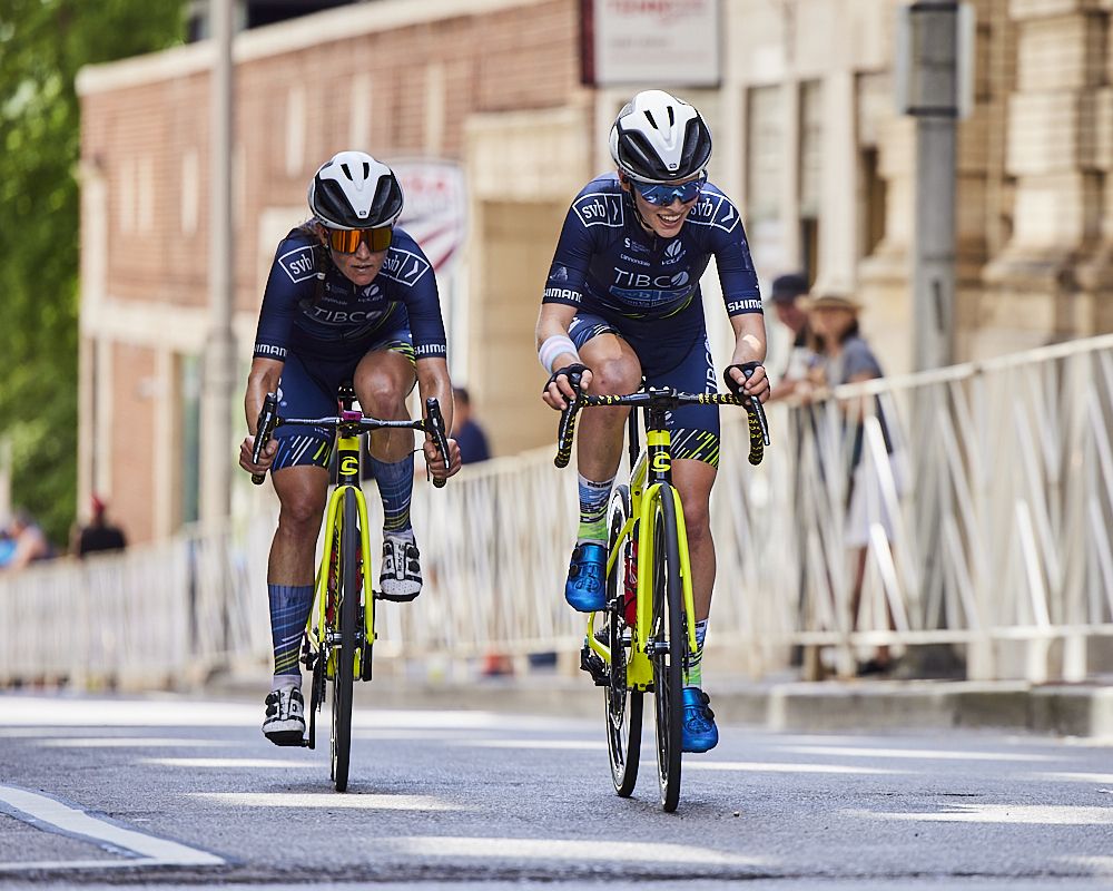 Lauren Stephens and Clara Honsinger at the women's elite race at the USA Cycling Pro Road Championships 2021