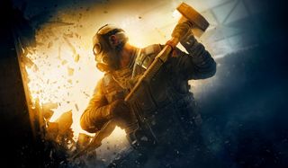 A soldier ready to swing a sledgehammer in Rainbow Six Siege.