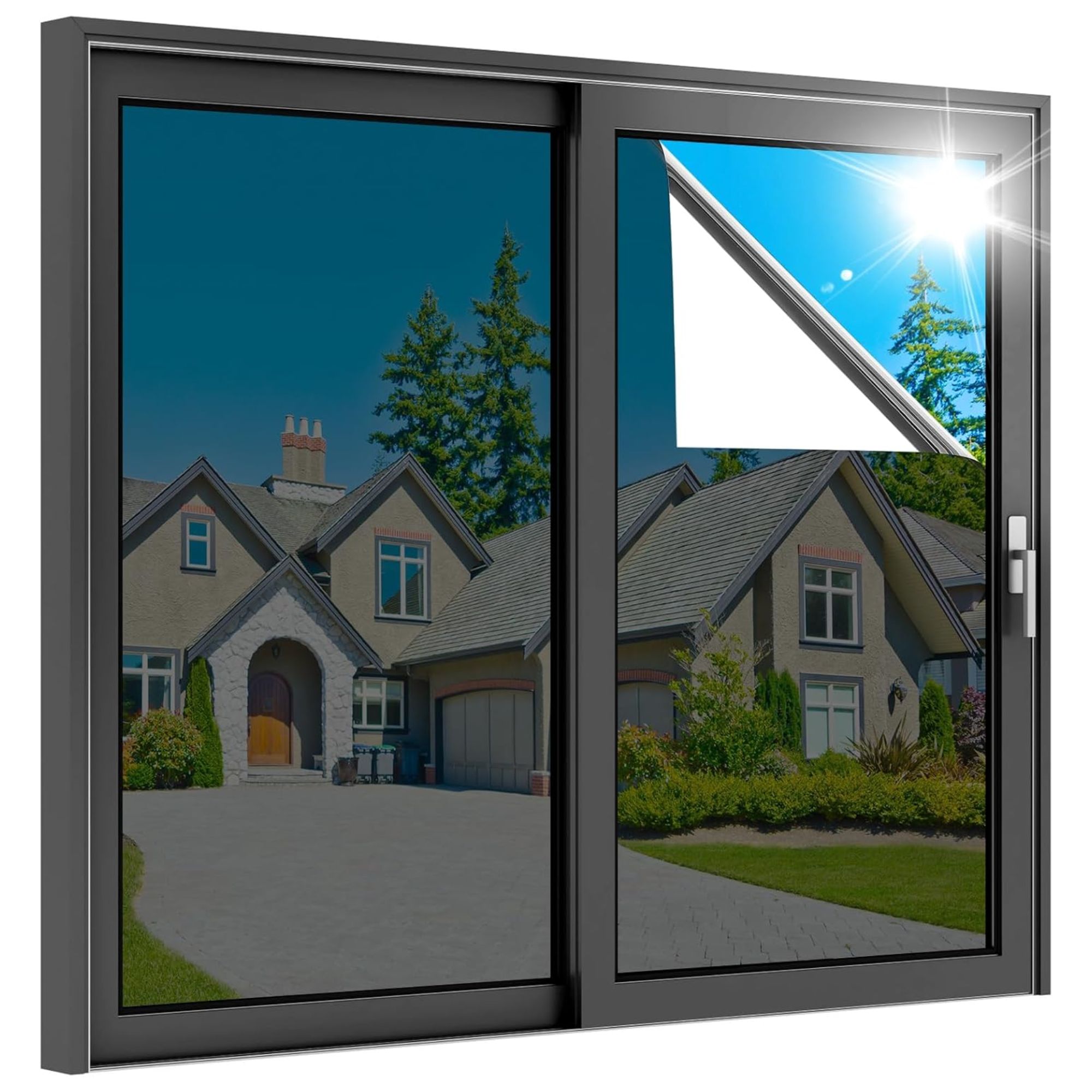 A window reflective film on a window with houses seen behind.