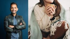 Dr Amir Khan next to woman holding a mug and covered in a blanket