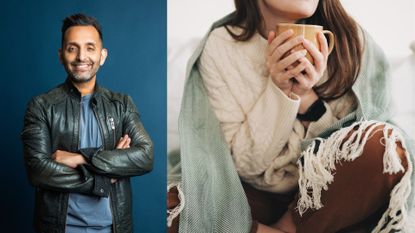 Dr Amir Khan next to woman holding a mug and covered in a blanket