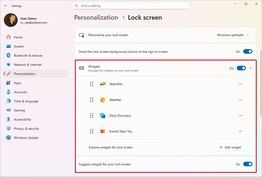 Lock Screen widgets settings