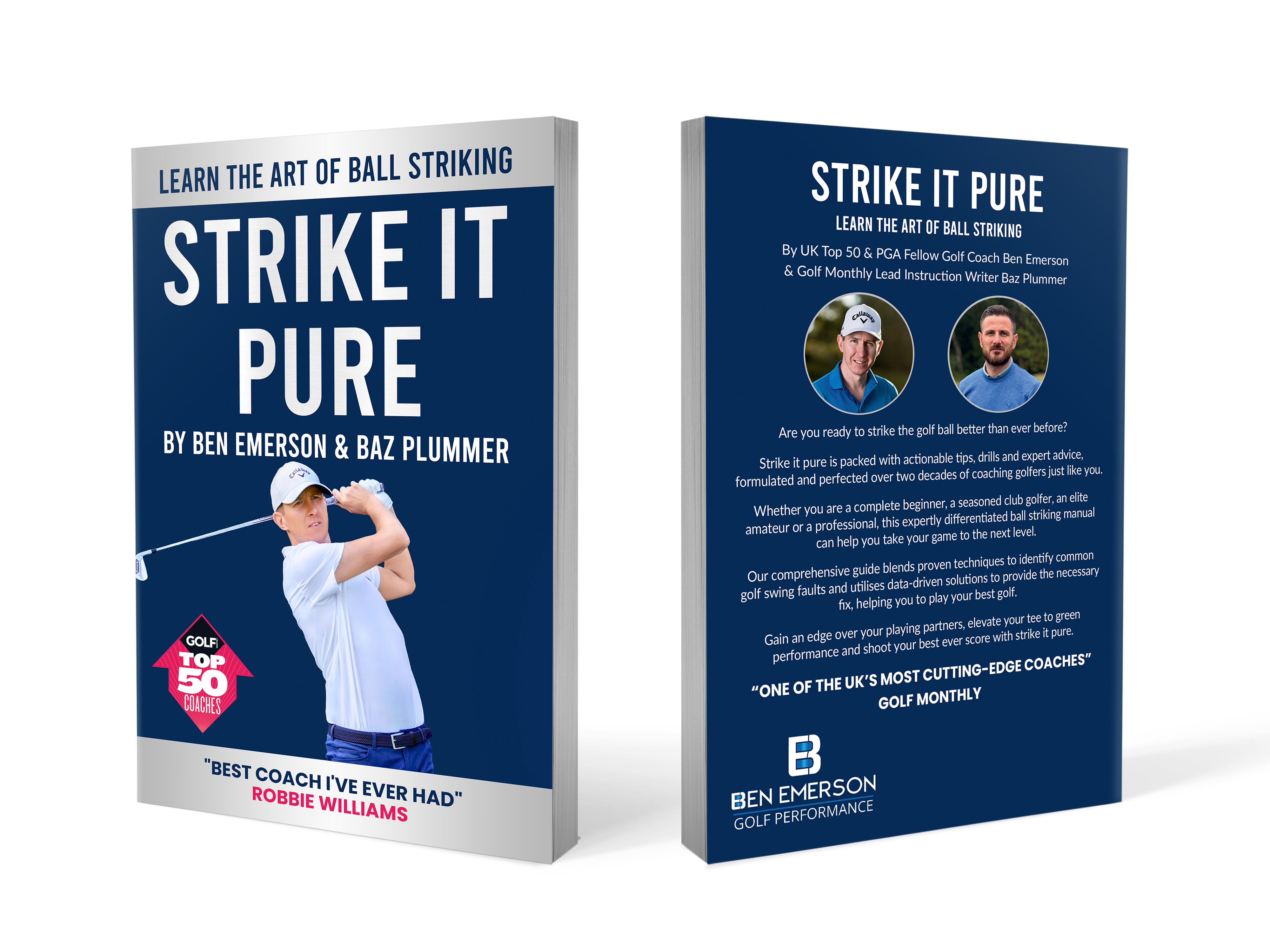 Front and back cover of the the golf book &#039;Strike It Pure&#039; by Ben Emerson and Baz Plummer