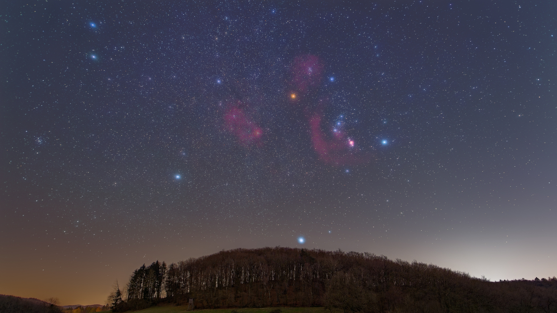 Bright blue stars mix with swirling pink gas in a dark blue night sky overlooking a forest below.