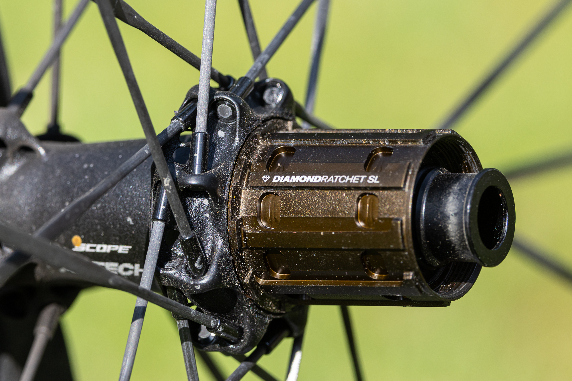 close up of a black rear hub and freehub