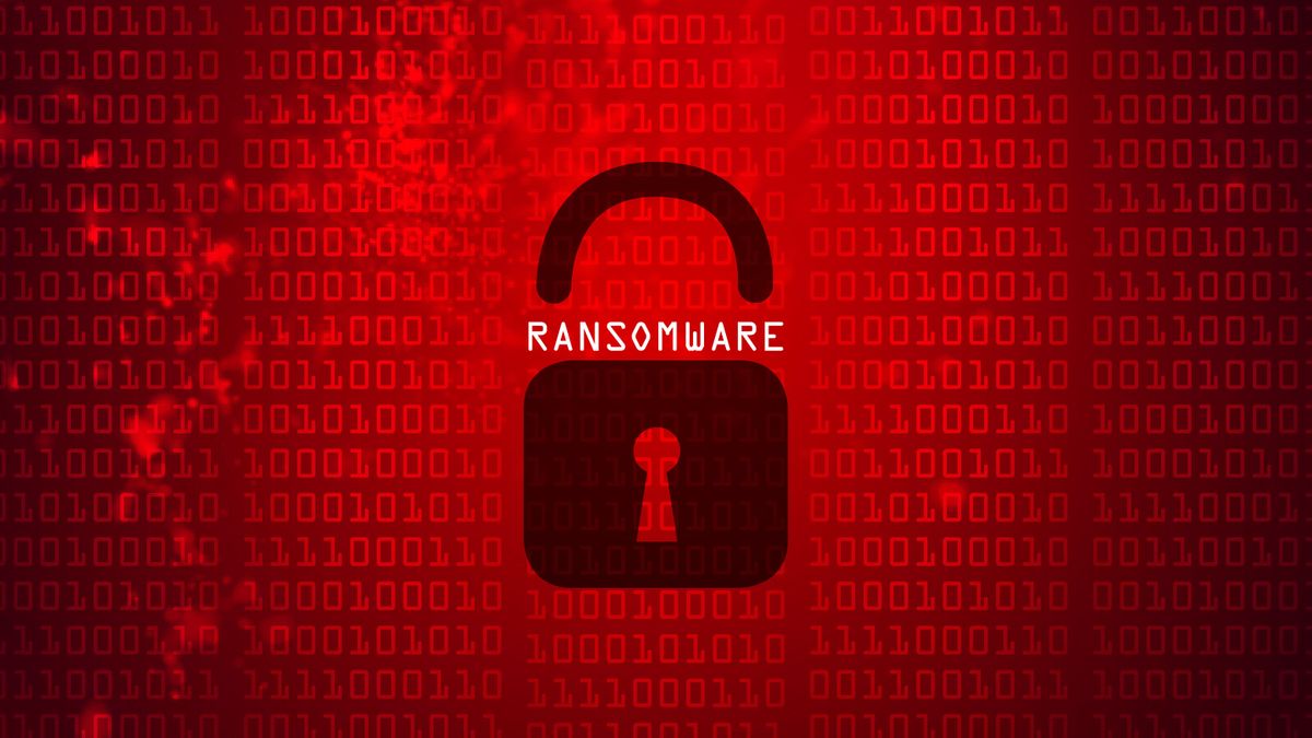 Ransomware mockup with dark red colour scheme, a lock denoting encryption, and binary code set in the backdrop