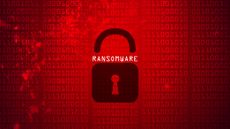 Ransomware mockup with dark red colour scheme, a lock denoting encryption, and binary code set in the backdrop