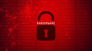Ransomware mockup with dark red colour scheme, a lock denoting encryption, and binary code set in the backdrop