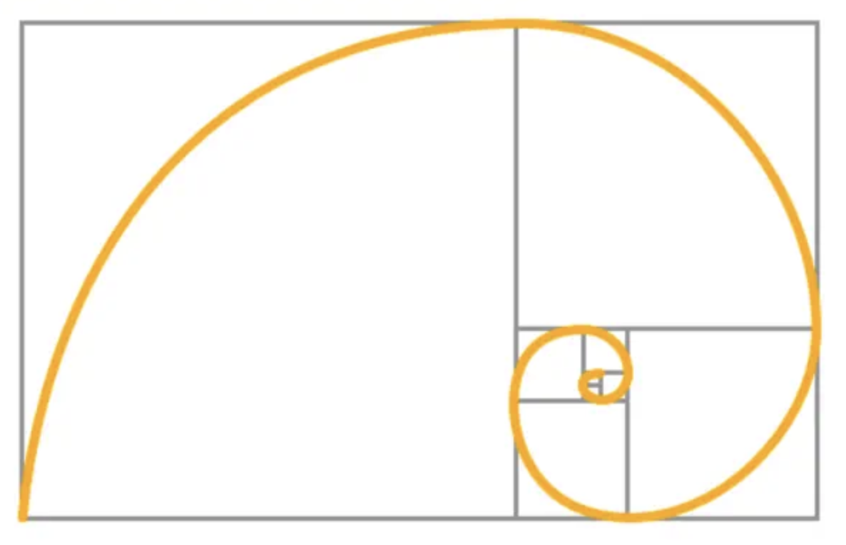 A golden spiral formed by quarter-circle arcs drawn through a sequence of shrinking golden rectangles.