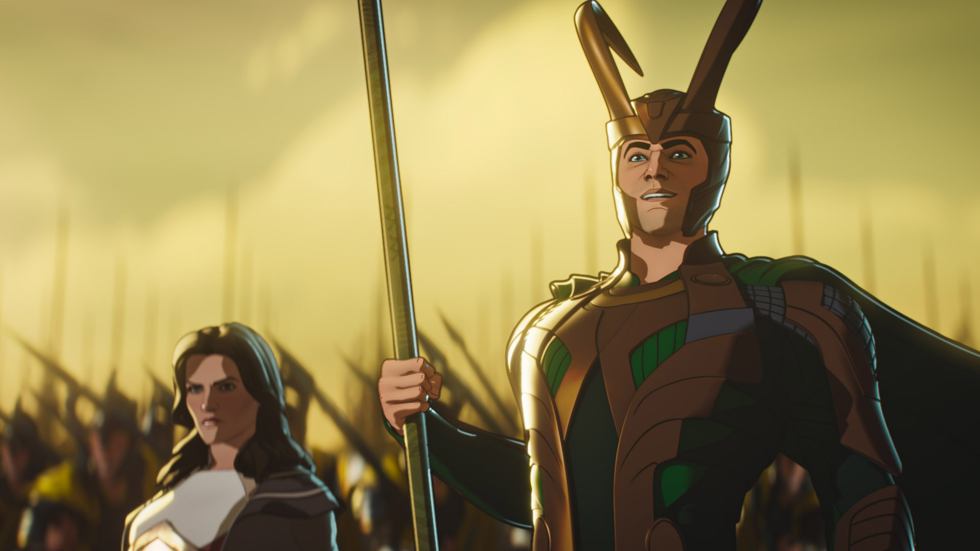 Tom Hiddleston and Jaimie Alexander as Loki and Sif in Marvel's What If...? episode 3