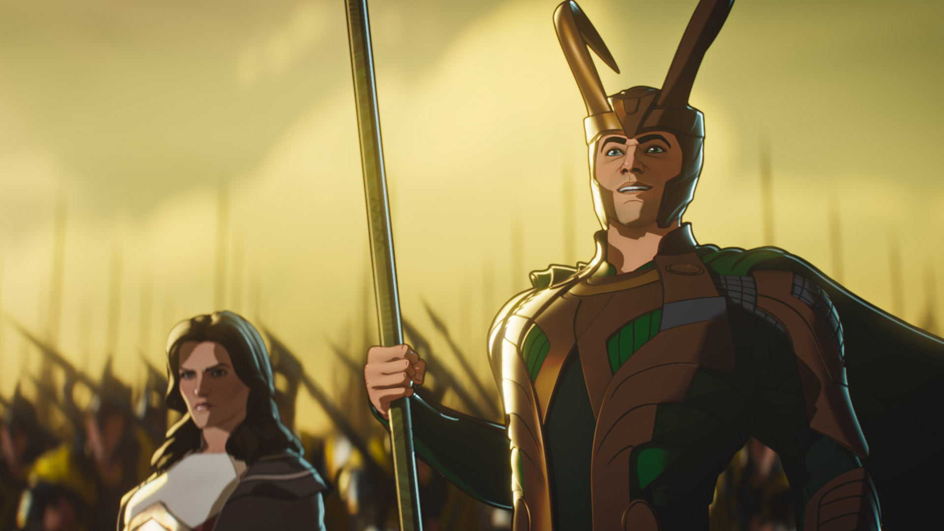 Tom Hiddleston und Jaimie Alexander als Loki und Sif in Marvel's What If...? Folge 3