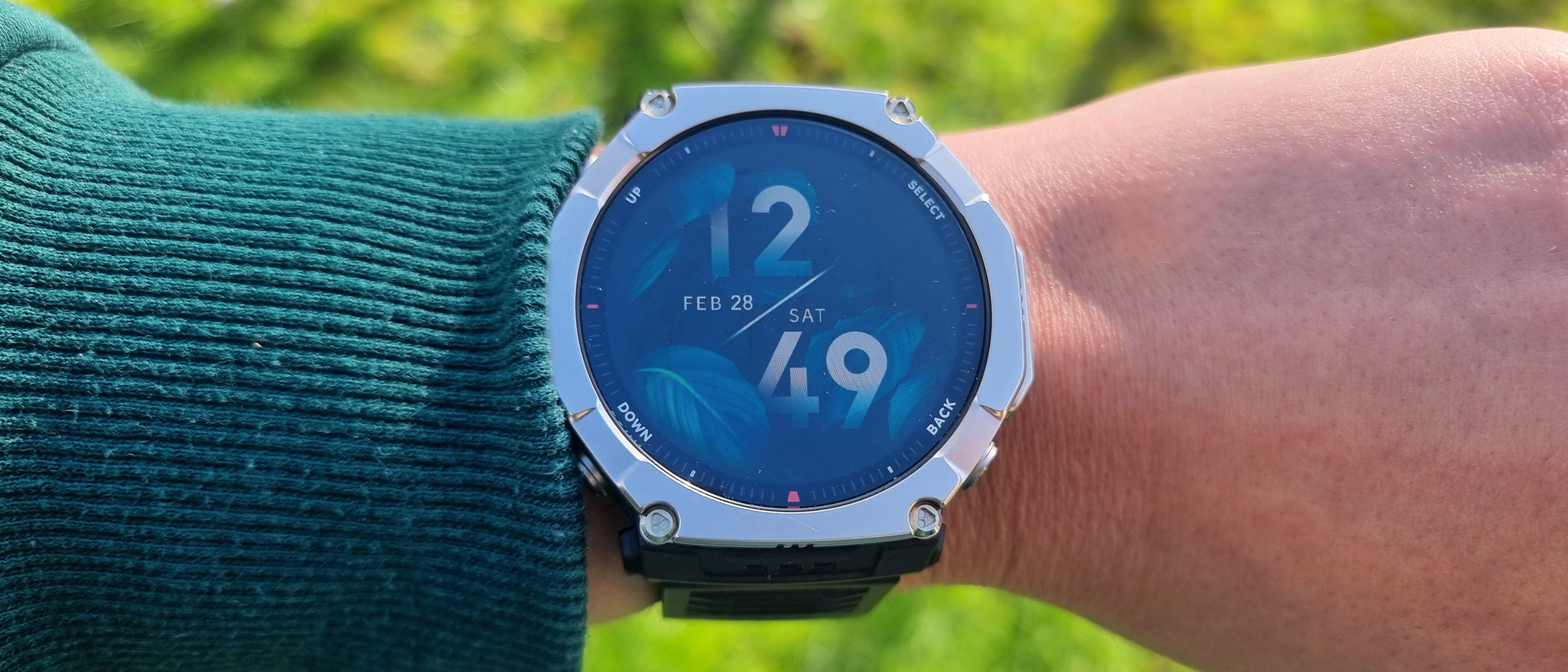 a close-up picture of our reviewer wearing the Amazfit T-Rex Ultra 2 smartwatch