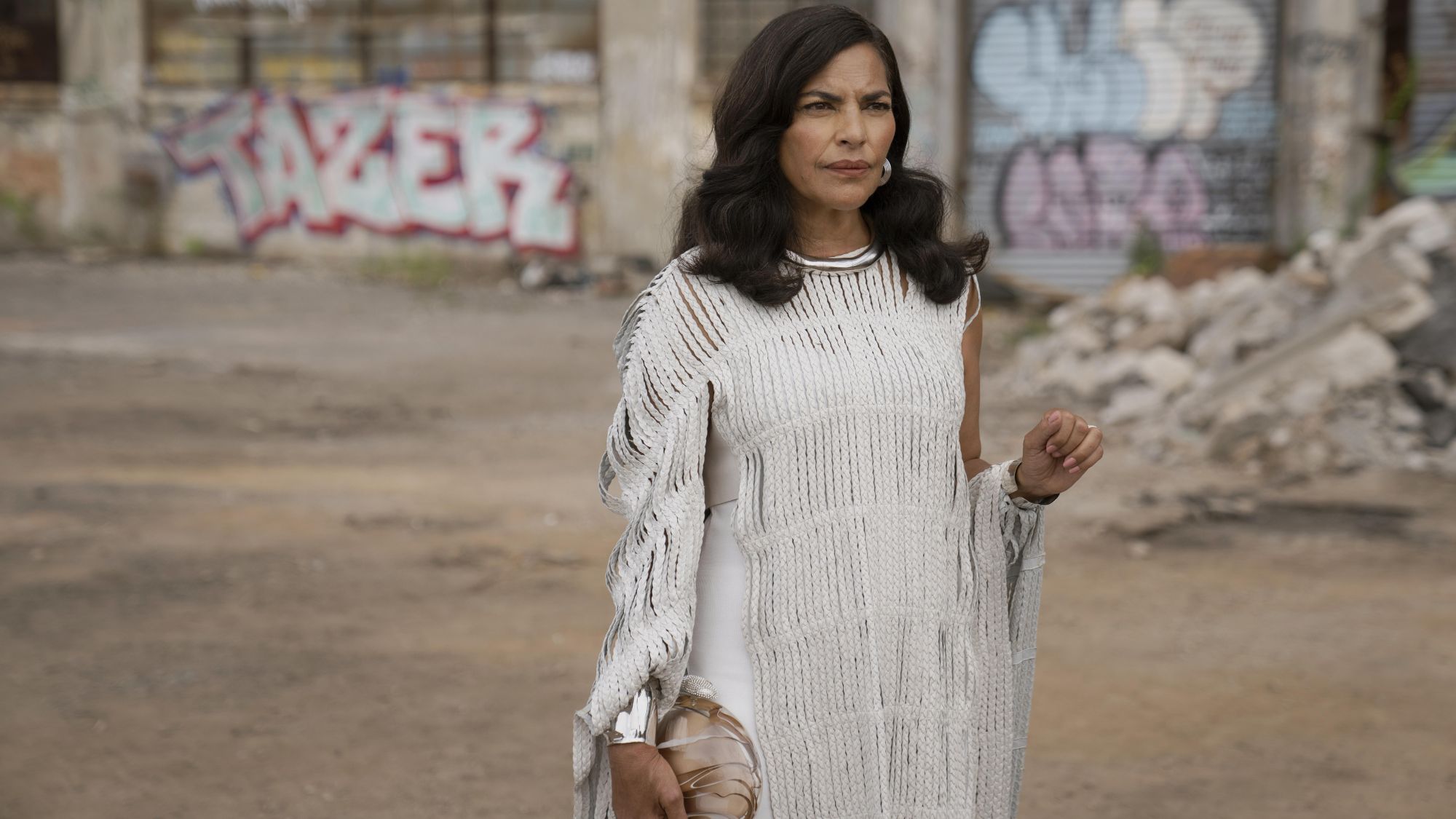 seema wears a white dress in and just like that