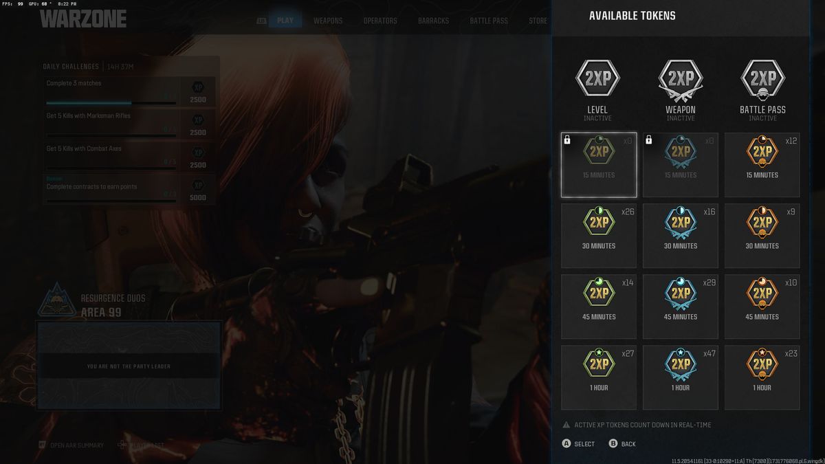 The Call of Duty: Warzone lobby with legacy double XP token menu on the right.