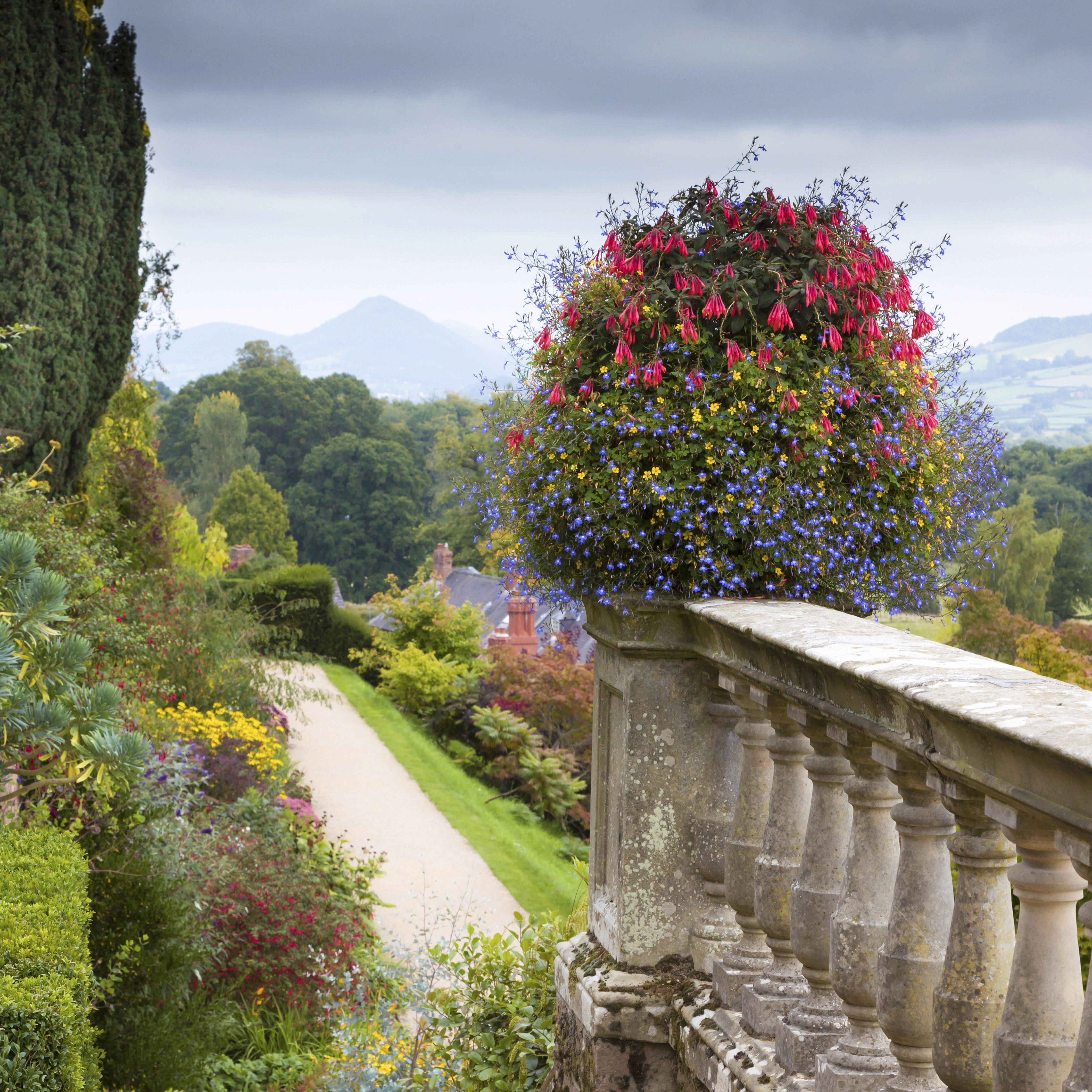 View from the flower-filled garden terraces at Powis Castle, Wales.