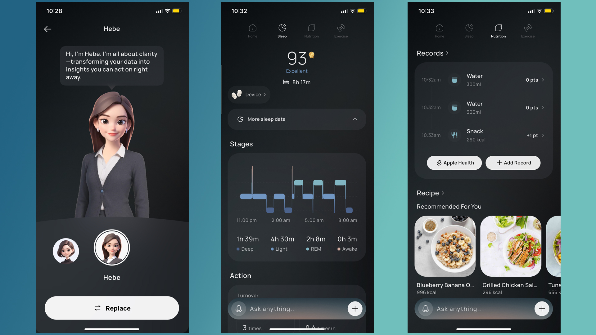 A series of screenshots showing the Fitnexa app, including the AI chat bot, sleep tracker and nutrition tracker