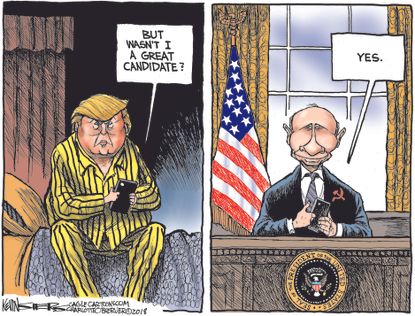 Political cartoon U.S. Trump tweets Russia collusion