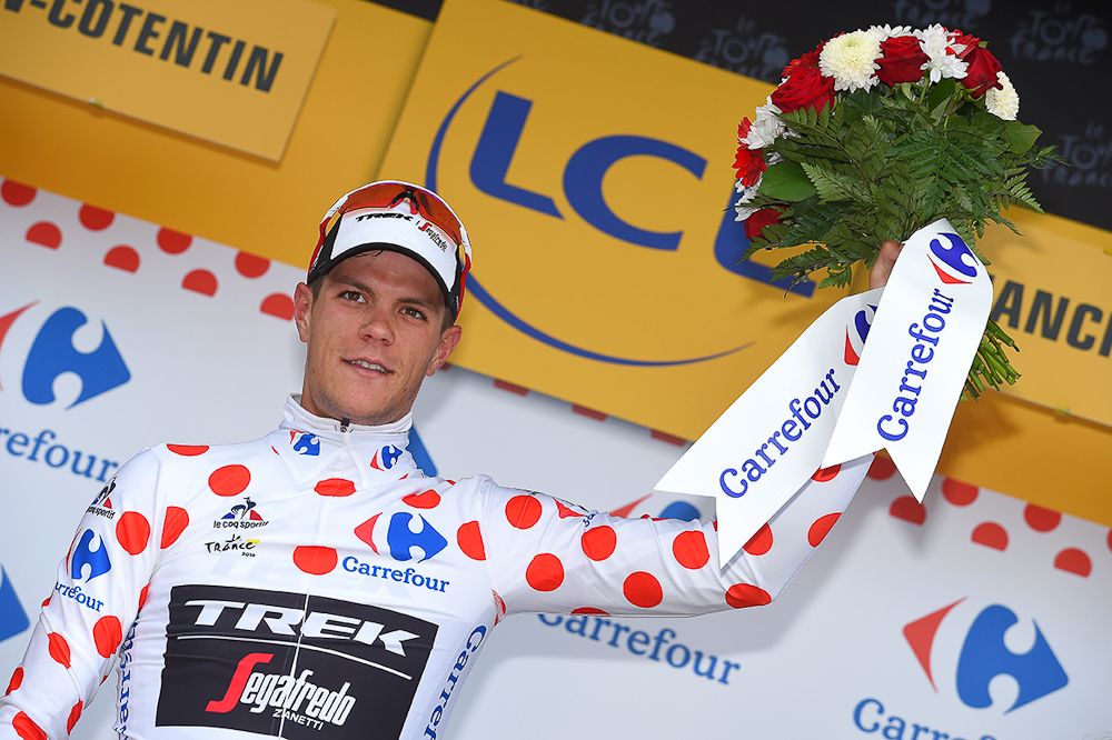 Jasper Stuyven in the mountains jersey after his day in the breakaway