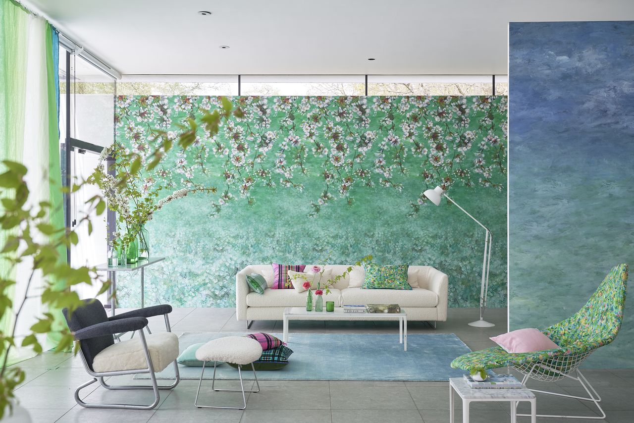 Green, flowers overhanging wallpaper, pale blie rig and gradient blue to turquoise wallpaper