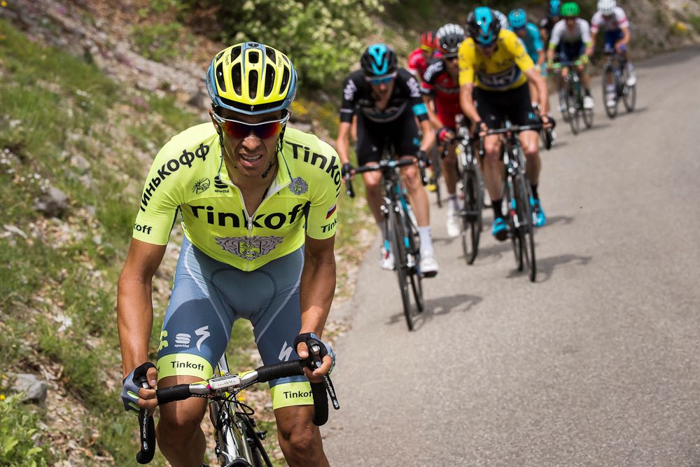 Alberto Contador on the attack during the 8th and final stage of the 2016 Criterium du Dauphine in June.