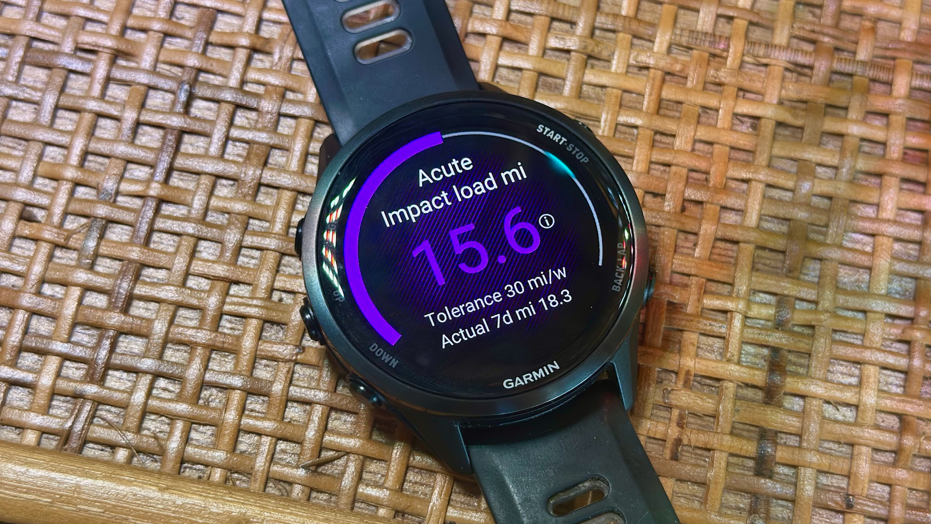 The Acute Impact Load Miles widget on the Garmin Forerunner 970, showing the runner's tolerance of miles/week and actual 7d mileage.