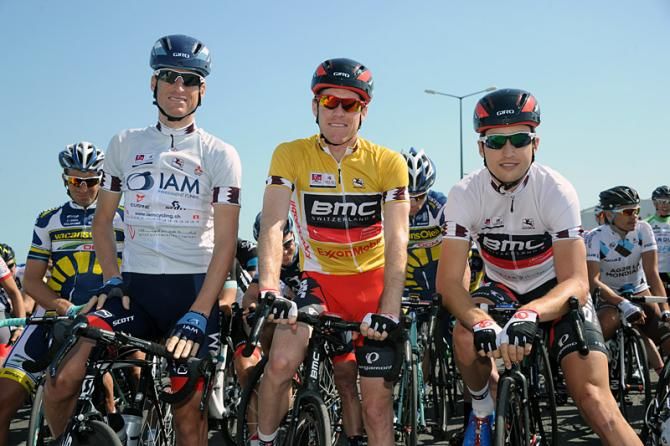 Martin Elmiger (IAM Cycling), Brent Bookwalter (BMC) and Taylor Phinney (BMC) (L-R) wear the respective points, leader's and young rider's jerseys for stage 3.