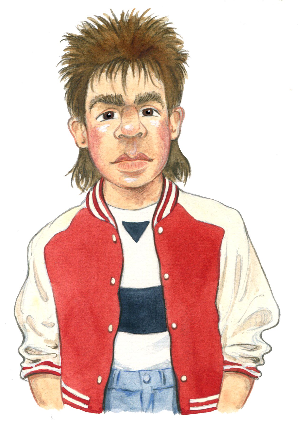 A cartoon of a teenage boy with a mullet, red jacket and striped shirt and blue jeans.