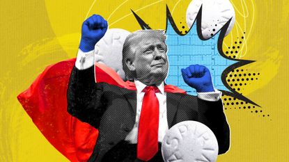 Illustration of Donald Trump wearing a superhero cape alongside a series of pills 