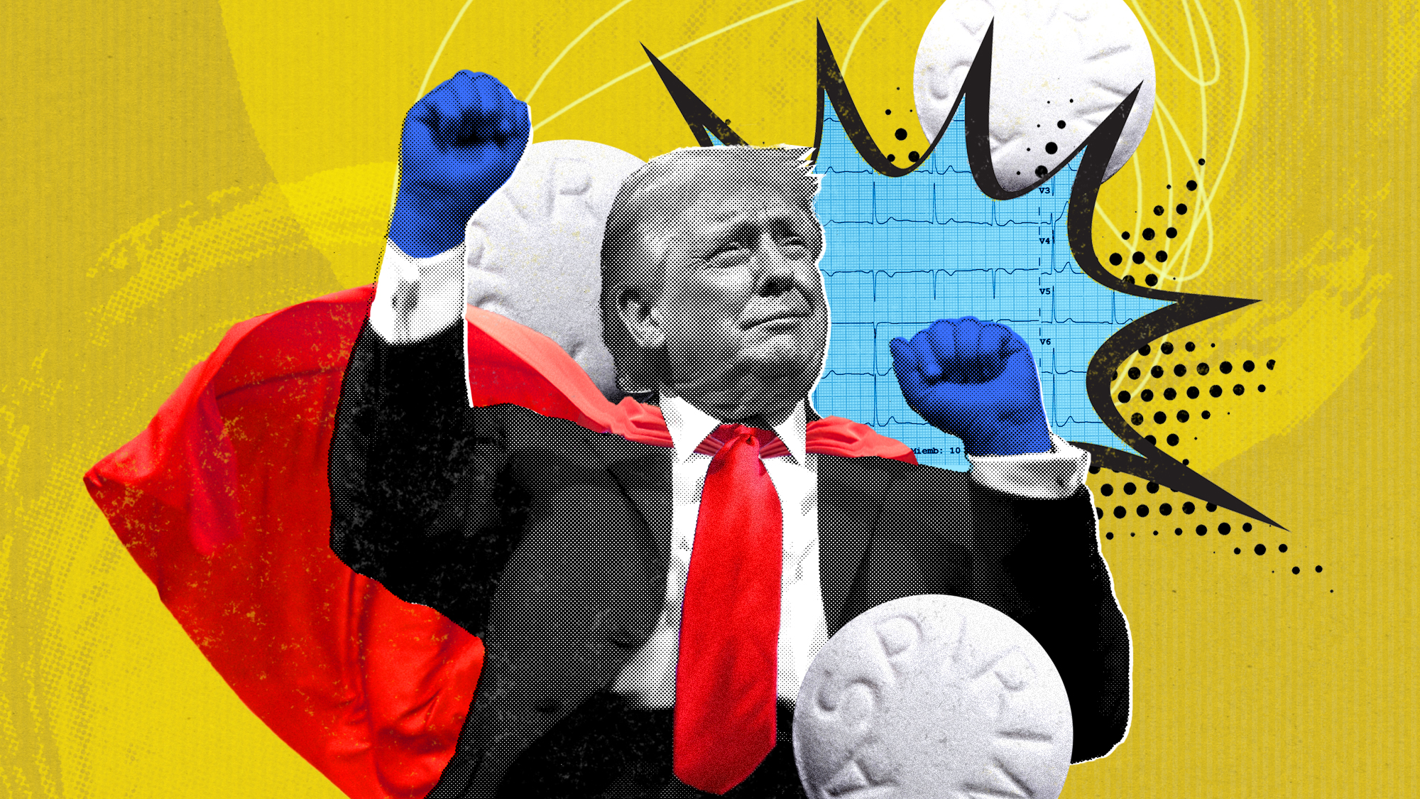 Illustration of Donald Trump wearing a superhero cape alongside a series of pills 