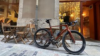 Bike in front of tables and chairs in front of window of coffee shop