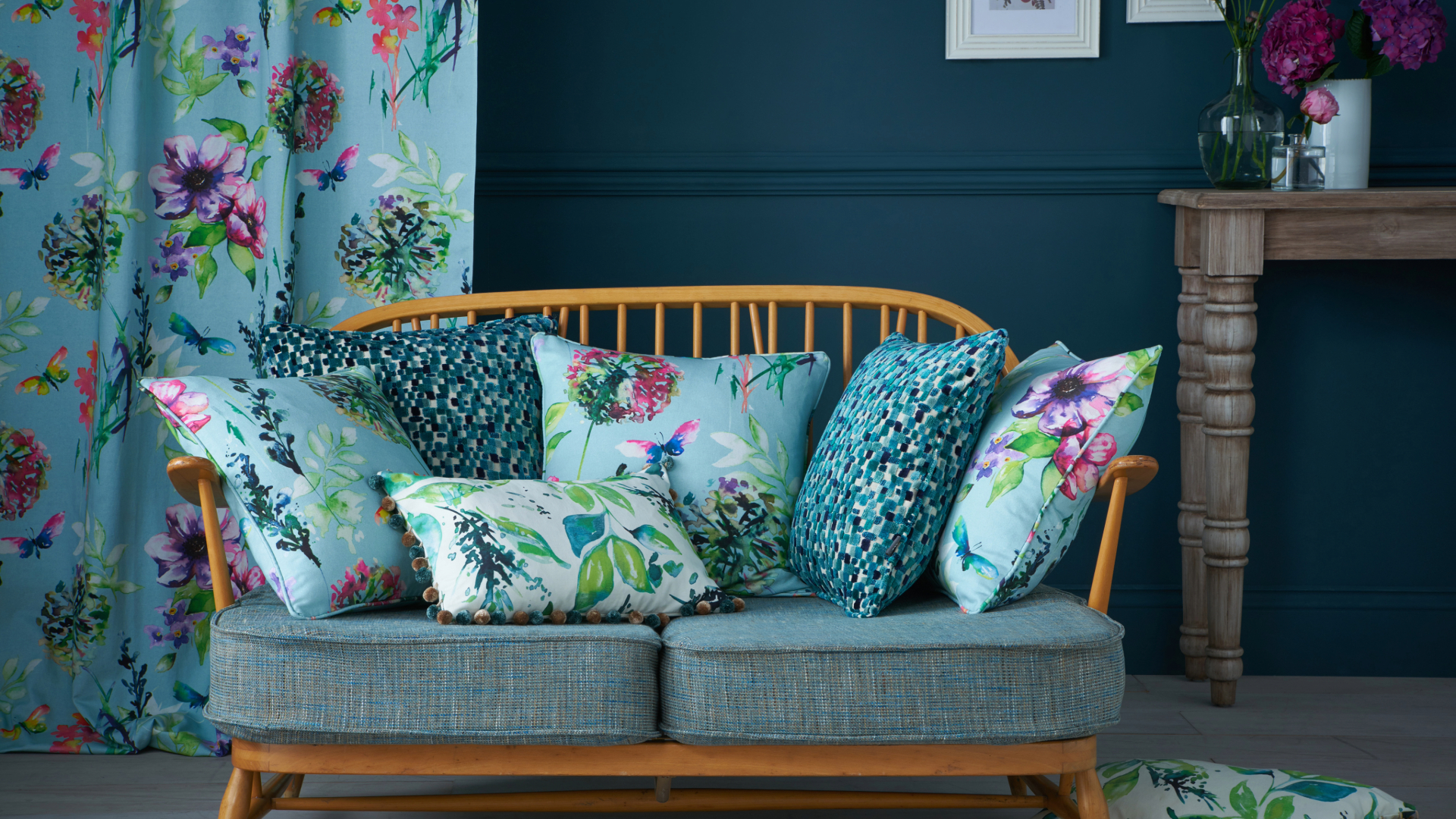 Chintz cushions on sofa in living space