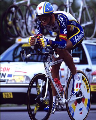 Five time Tour de France winner Miguel Indurain riding the Pinarello in 1992